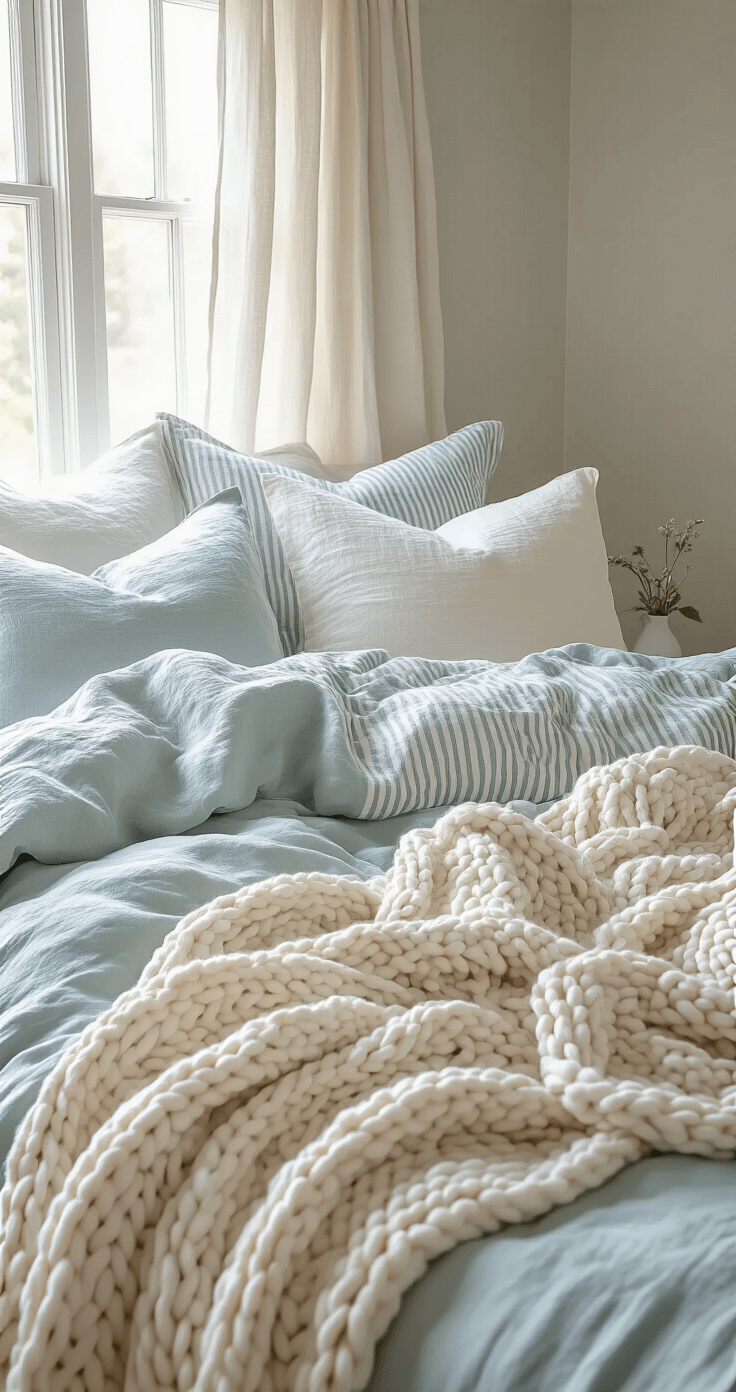 Crafting Your Dream Modern Coastal Master Bedroom: A Serene Sanctuary Awaits A soft morning light captures a layered bedding vignette featuring rumpled linen in white, ivory, and pale aqua, with a chunky cream knit throw and muted blue-gray striped euro shams, emphasizing texture and natural fabric qualities.
