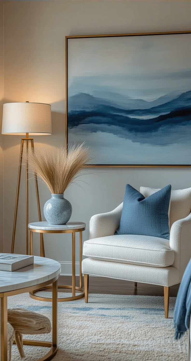 Crafting Your Dream Modern Coastal Master Bedroom: A Serene Sanctuary Awaits A serene coastal bedroom sitting area featuring an ivory bouclé accent chair, a brass-framed side table with a marble top, and a large abstract seascape above. A handwoven floor lamp with a natural shade casts soft light, while coastal grasses in a ceramic vase enhance the organic texture, all captured in moody blue hour lighting.