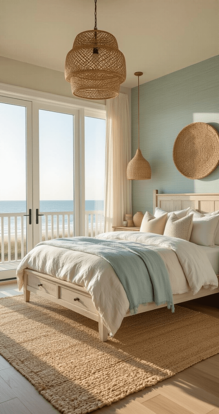Coastal Bedroom Retreat: Your Ultimate Guide to Serene, Beach-Inspired Styling A sunlit coastal bedroom featuring a king-size bed in a weathered white frame surrounded by light linen bedding, with floor-to-ceiling windows showcasing warm golden hour light, a jute rug, rattan pendant light, and bleached oak side tables with ceramic lamps, all against a backdrop of textured pale aqua wallpaper and coastal decor.