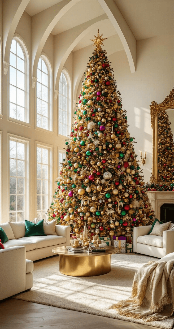Dazzling Christmas Tree Decor Ideas for 2025: Transform Your Holiday Space A grand living room with vaulted ceilings featuring a large Fraser fir adorned with metallic ornaments and vintage baubles, illuminated by golden hour sunlight through floor-to-ceiling windows. The tree is reflected in a gilded mirror, surrounded by cream linen sofas, with clusters of jewel-toned ornaments and cascading champagne-gold ribbon, all captured from a low angle to emphasize height. Soft focus Christmas lights create a bokeh effect in the background.