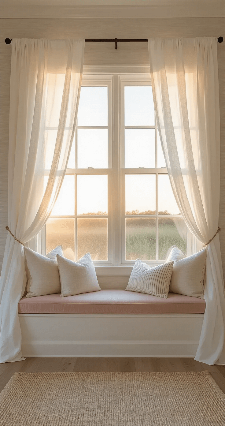 Coastal Bedroom Retreat: Your Ultimate Guide to Serene, Beach-Inspired Styling Bedroom window wall at sunrise, featuring sheer white linen curtains billowing in the breeze, soft light illuminating seagrass wallcovering, a pale blush velvet window seat adorned with coastal-striped pillows and a throw, and a vintage glass float collection, all captured in a wide-angle view with a dreamy ambiance.