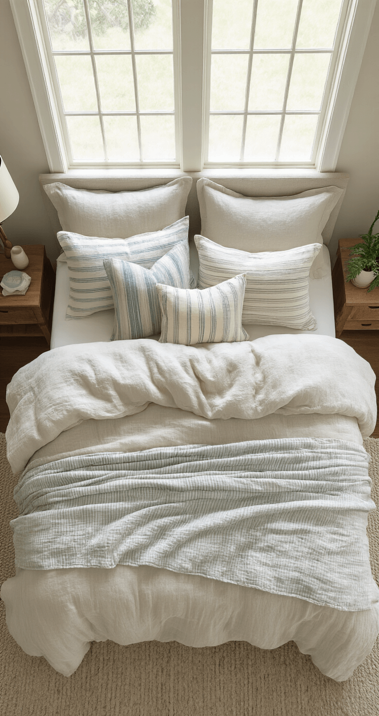 Coastal Bedroom Retreat: Your Ultimate Guide to Serene, Beach-Inspired Styling Overhead view of a king bed styled with an ivory stonewashed linen duvet, layered with a pale grey hand-quilted coverlet, and adorned with accent pillows featuring coastal stripes and abstract patterns in shades of blue, beige, and soft green, illuminated by soft, indirect light.