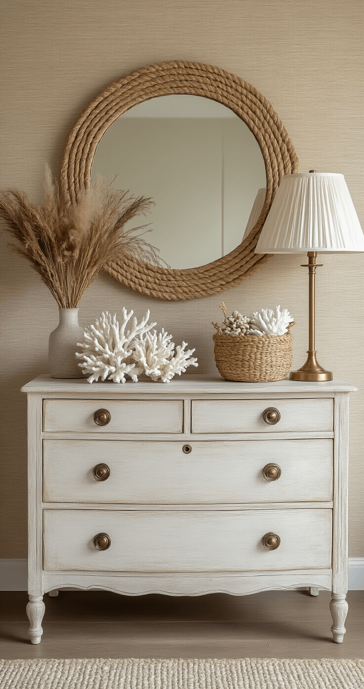 Coastal Bedroom Retreat: Your Ultimate Guide to Serene, Beach-Inspired Styling Vintage whitewashed dresser against a textured grasscloth wall, featuring an oversized round mirror in a rope frame, white coral specimens, a handwoven basket with dried botanicals, and a brass table lamp with a pleated silk shade, captured in warm late afternoon light.