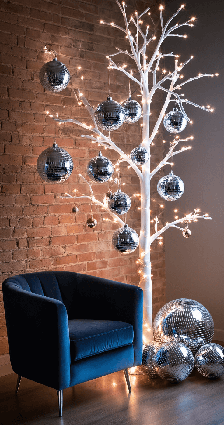 Dazzling Christmas Tree Decor Ideas for 2025: Transform Your Holiday Space A cozy studio apartment reading nook transformed with a 'Disco Fever' theme, featuring a slim white tree adorned with mirrored disco balls against exposed brick, vibrant LED strip lights, and metallic garlands. A modern midnight blue velvet armchair adds contrast, illuminated by dynamic uplighting that creates dramatic shadows and highlights.