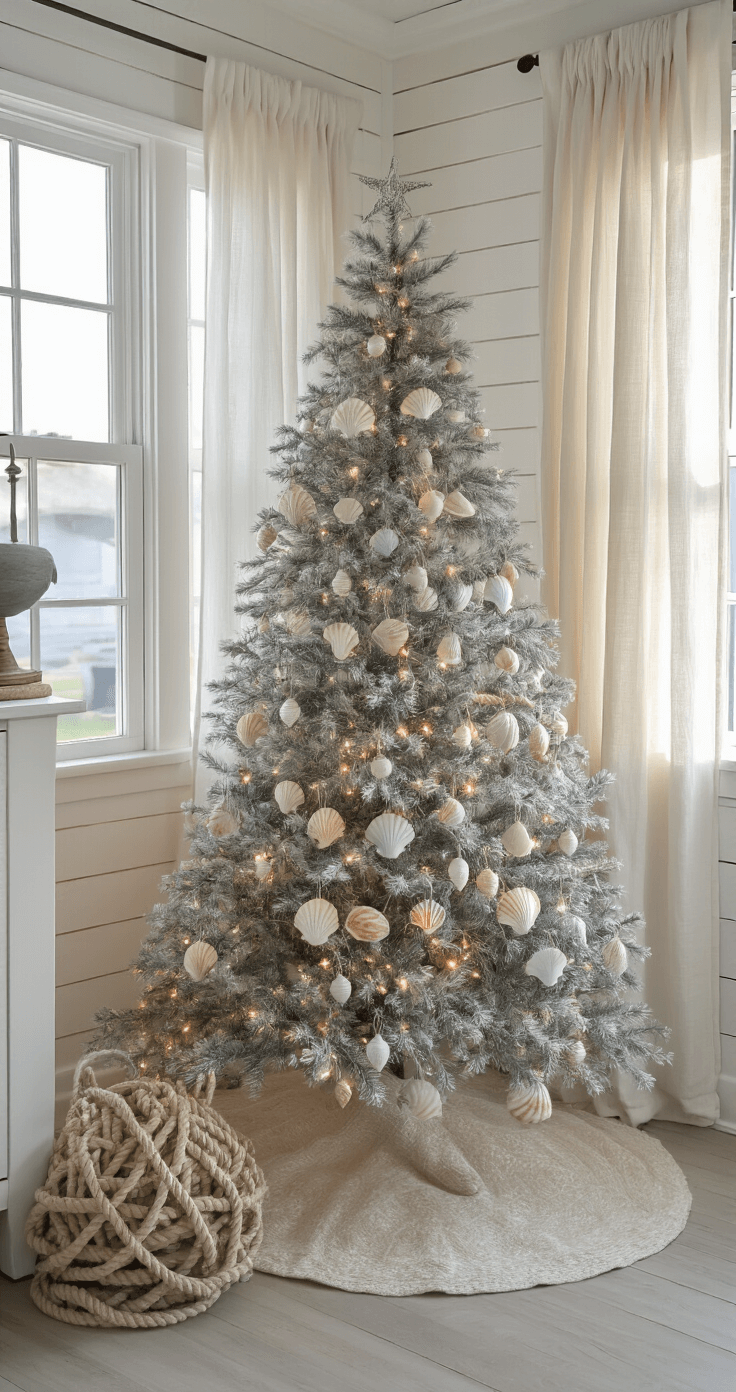 My Coastal Christmas Tree Journey: From Bland to Grand A cozy beach cottage sunroom featuring whitewashed shiplap walls, early morning light filtering through gauzy curtains, illuminating a silver-tinted Christmas tree adorned with hand-painted seashell ornaments and rope garland with warm LED lights, alongside vintage glass floats and weathered boat cleats.