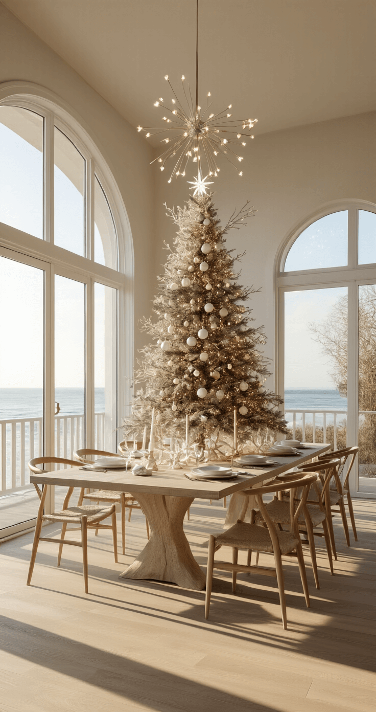 My Coastal Christmas Tree Journey: From Bland to Grand A modern coastal dining room with floor-to-ceiling windows, featuring pale oak flooring and a bleached wood dining table at golden hour. In the center, a minimalist Christmas tree adorned with oversized glass ornaments filled with beach sand, mother of pearl accents, and silver starfish, surrounded by wispy sea grass and white fairy lights. The scene is shot from above, emphasizing the symmetrical arrangement.