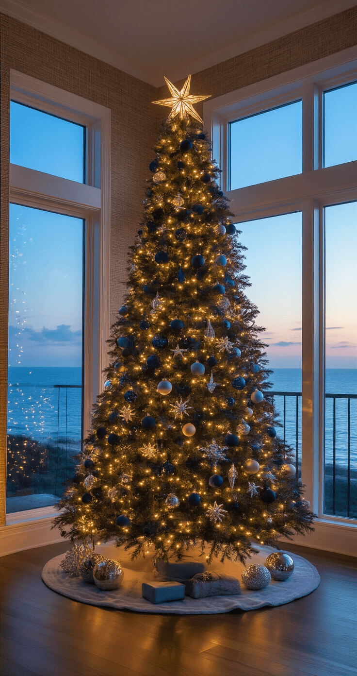 My Coastal Christmas Tree Journey: From Bland to Grand A spacious open-concept great room featuring an 8ft ombré Christmas tree in twilight blue hour light, adorned with vintage glass buoys and warm twinkle lights, with panoramic ocean views visible through large windows.