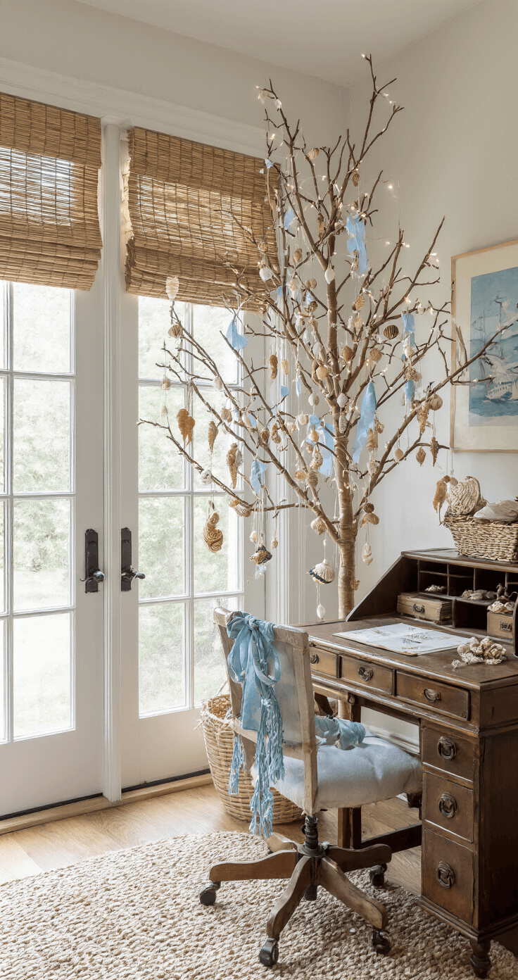 My Coastal Christmas Tree Journey: From Bland to Grand An eclectic home office featuring french doors and bamboo roman shades, illuminated by late morning light. A 5.5ft pencil tree adorned with whimsical coastal-themed handmade ornaments, pale blue ribbon, and white string lights, alongside a vintage captain's desk, all arranged asymmetrically for visual interest.