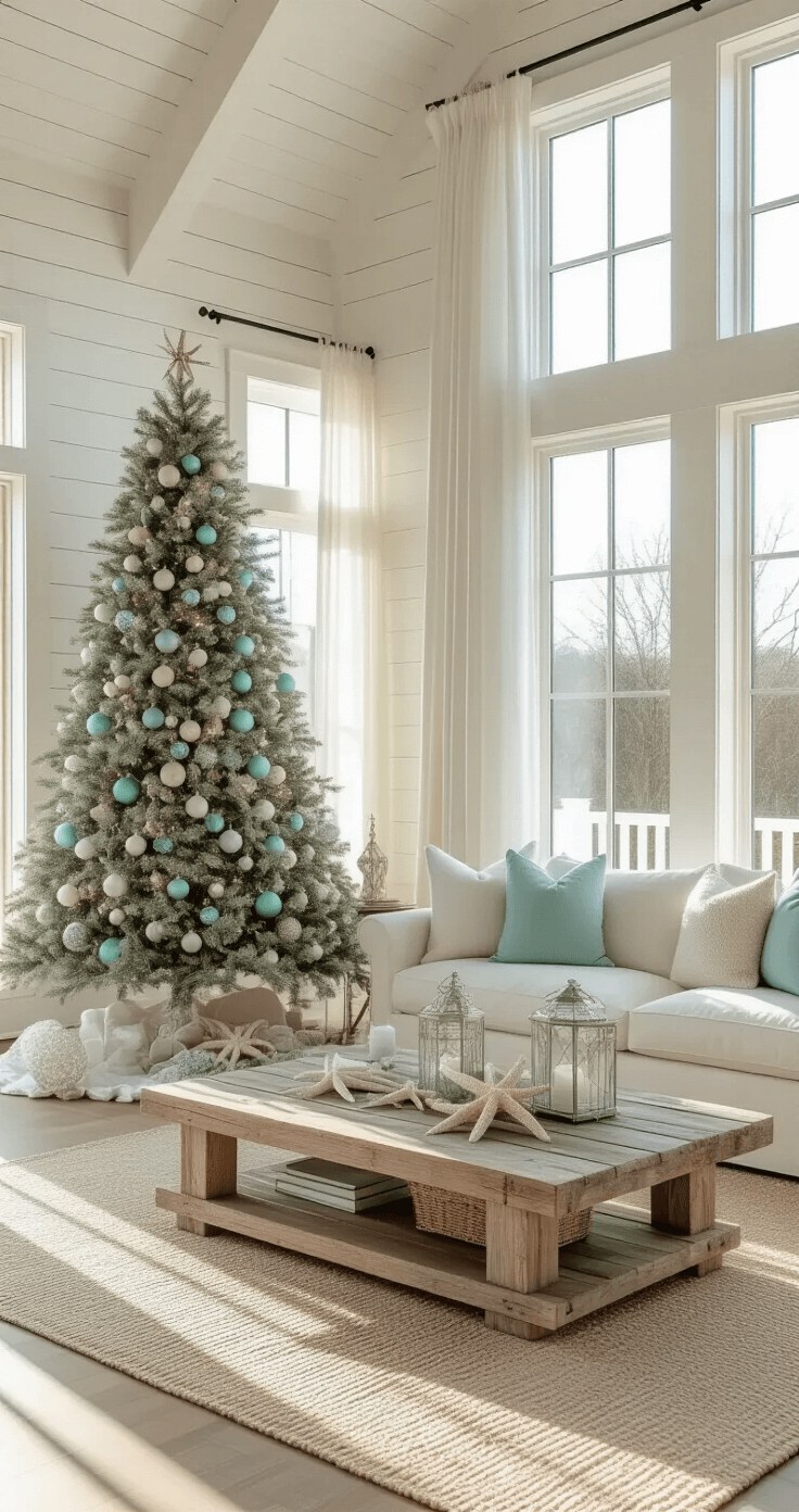 Seas & Greetings: Crafting the Perfect Coastal Christmas Wonderland Spacious coastal living room with white shiplap walls, featuring a flocked Christmas tree adorned with seafoam and pearl baubles, ivory linen sofas, and a driftwood coffee table, illuminated by golden hour light filtering through gauzy curtains.