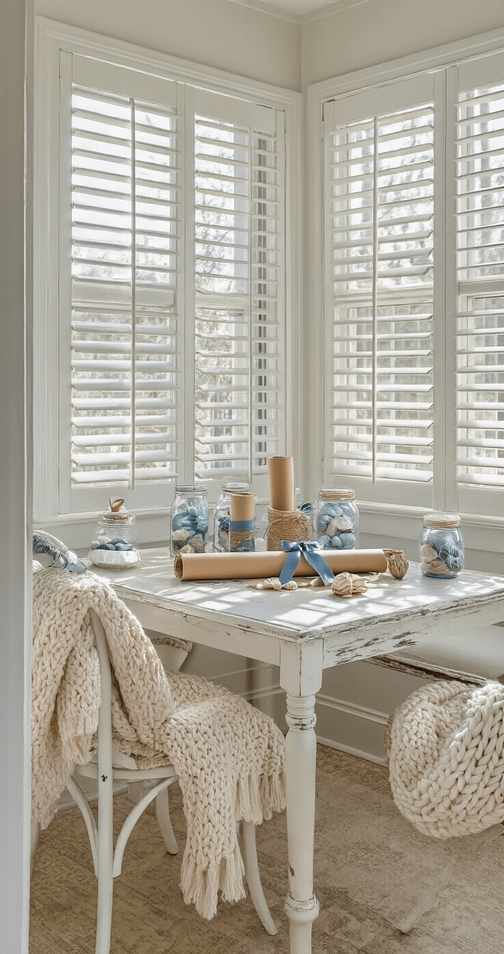 Seas & Greetings: Crafting the Perfect Coastal Christmas Wonderland A cozy coastal-themed gift wrapping station in a breakfast nook, featuring a distressed white farmhouse table adorned with kraft paper rolls, blue-grey ribbons, and natural twine. Vintage mason jars filled with shells and sea glass serve as decorative gift toppers. White-painted bentwood chairs are draped with ivory chunky knit throws, all illuminated by soft morning light filtering through plantation shutters.