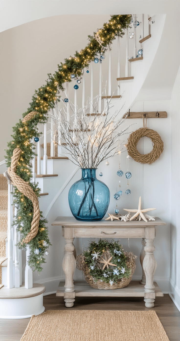 Seas & Greetings: Crafting the Perfect Coastal Christmas Wonderland A mid-morning entry foyer featuring a white spiral staircase wrapped in rope garland, twinkle lights, and starfish, with a weathered console table holding an oversized blue glass vase filled with white branches and crystal ornaments, complemented by a seagrass runner leading to a driftwood coat rack adorned with coastal wreaths, viewed from the bottom of the stairs.