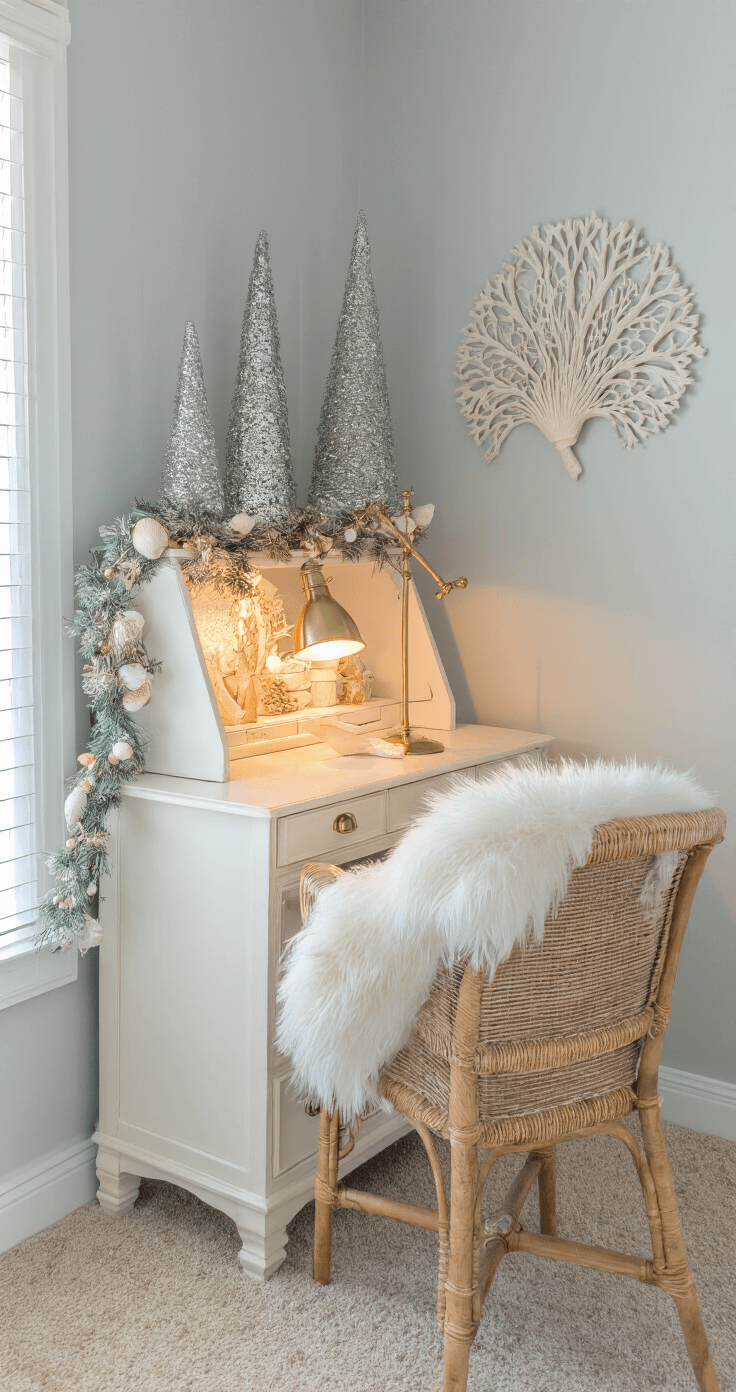 Seas & Greetings: Crafting the Perfect Coastal Christmas Wonderland Cozy home office corner at sunset featuring a vintage white secretary desk styled with a coastal Christmas vignette, including mercury glass trees and shell garland, against pale blue-grey walls. A rattan chair draped with a faux fur throw and a warm brass desk lamp illuminate the intimate workspace.