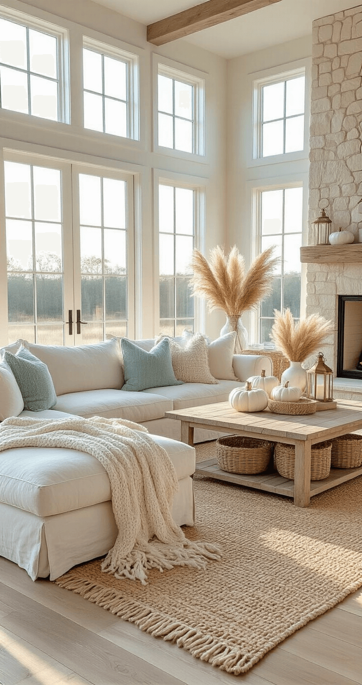 Coastal Farmhouse Fall Decor: Creating a Serene Autumn Sanctuary A coastal farmhouse living room filled with golden hour light, featuring wide-plank whitewashed oak floors, a cream linen sectional with chunky knit throws, a driftwood coffee table styled with decorative pumpkins and pampas grass, and a collection of rattan baskets near a limestone fireplace.