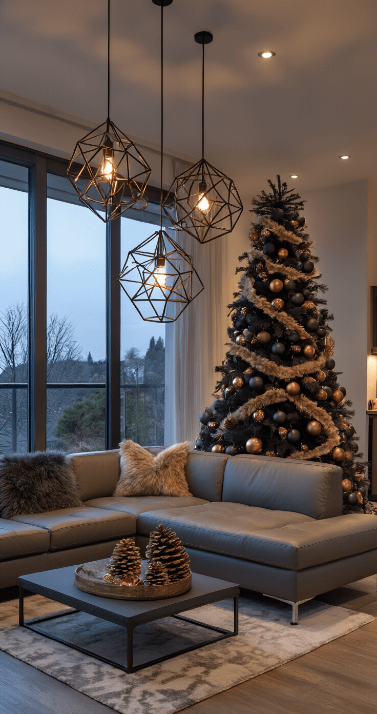 Dazzling Christmas Tree Decor Ideas for 2025: Transform Your Holiday Space Contemporary open-plan living space at dusk featuring an 8-foot black artificial tree decorated with matte charcoal and metallic copper baubles, faux fur ribbons, and natural elements, with geometric pendant lights casting dramatic shadows; a greige leather sectional anchors the room, showcasing textural contrasts among various materials.