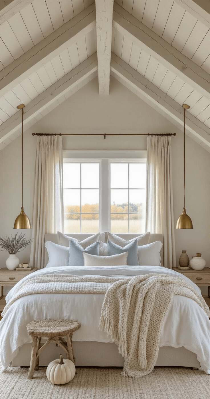 Coastal Farmhouse Fall Decor: Creating a Serene Autumn Sanctuary A serene bedroom featuring a king bed with ivory, oatmeal, and pale blue linens, complemented by a chunky knit throw. The vaulted ceiling with exposed whitewashed beams is illuminated by late afternoon light filtering through sheer linen panels. Bedside decor includes brass lamps, white ceramic vessels with dried sea lavender, and weathered wood pumpkins, conveying a restful coastal fall vibe.