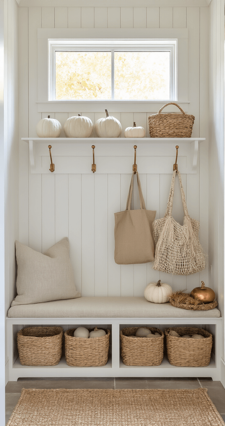 Coastal Farmhouse Fall Decor: Creating a Serene Autumn Sanctuary Organized mudroom entry featuring board and batten walls in warm white, built-in bench with linen cushion, brass hooks for bags and throws, floor baskets with dried grasses, and decorative white ceramic pumpkins with vintage copper accents.