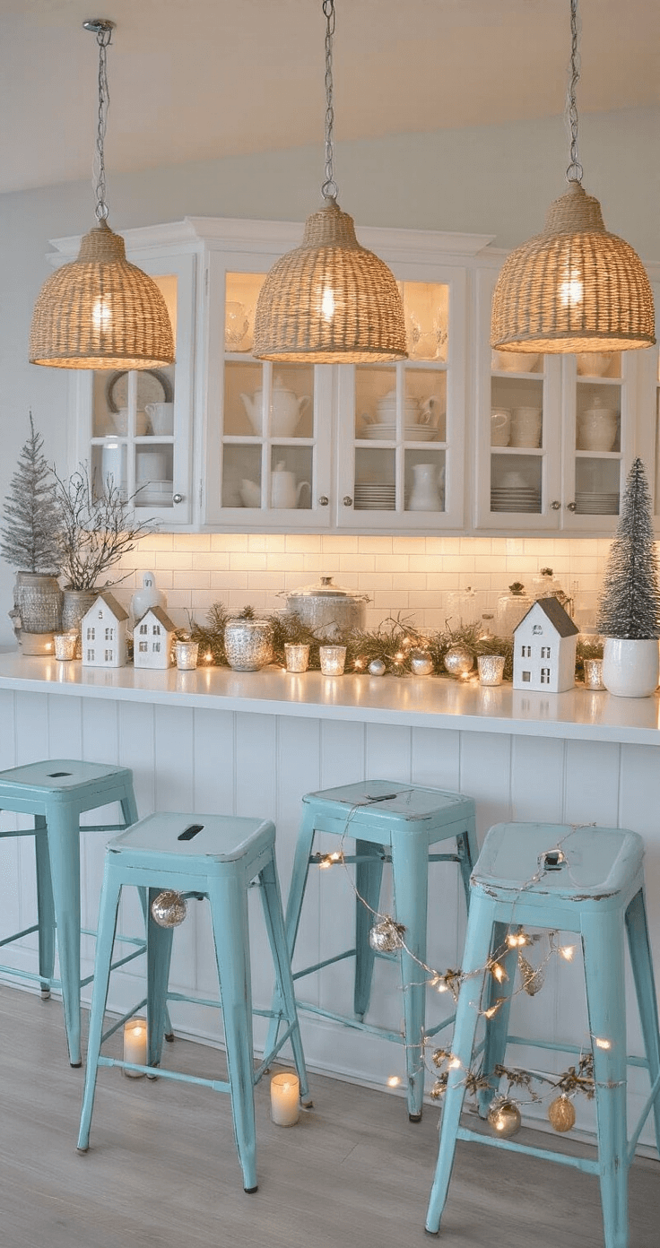 Coastal Farmhouse Christmas: Create a Dreamy Holiday Haven Cozy breakfast bar at twilight featuring a 4-seat distressed white wooden counter and pale blue vintage-style stools, illuminated by seagrass pendant lights with silver interiors. The white subway tile backsplash reflects warm ambient lighting, while the counter is styled with white ceramic houses, mercury glass votives, and delicate string lights in a preserved garland, complemented by a small coastal-themed tabletop tree.