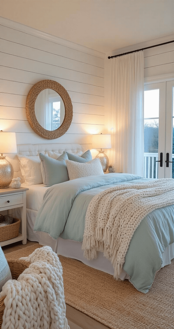 Coastal Farmhouse Christmas: Create a Dreamy Holiday Haven Master bedroom at dusk featuring a king bed against a soft white shiplap wall, adorned with layered white and pale aqua bedding, chunky knit throws, and matching weathered nightstands with mercury glass lamps. An oversized round rope mirror reflects warm lighting, while a seagrass basket filled with cozy throws sits in the corner. French doors with sheer panels lead to a balcony, all captured from a low camera angle at the doorway, creating a dreamy and intimate atmosphere.