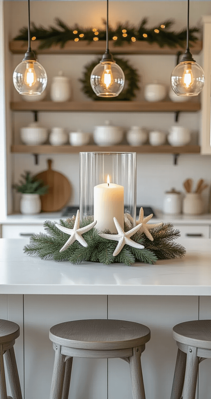 Coastal Farmhouse Christmas: Create a Dreamy Holiday Haven A beautifully styled kitchen island Christmas display featuring a white quartz surface, weathered gray wooden stools, a tall glass hurricane candle centerpiece, preserved cedar garland, white starfish, and mercury glass ornaments, all illuminated by warm pendant lights with a soft background blur.