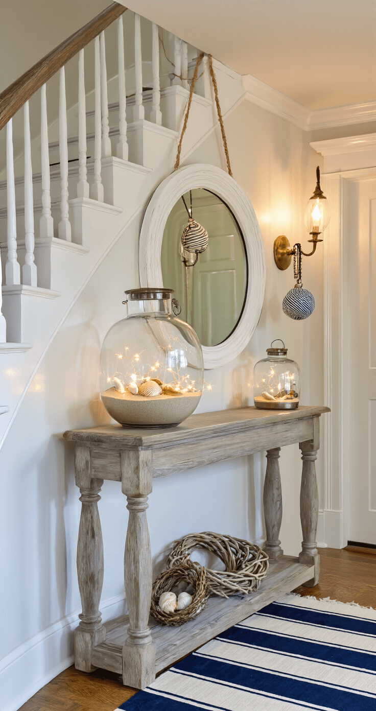 Seas & Greetings: Crafting the Perfect Coastal Christmas Decor A cozy entryway at dusk featuring a curved staircase with white spindles and a weathered oak handrail, a console table with a glass vessel filled with sand and shells illuminated by string lights, a white-washed mirror reflecting coastal ornaments hanging from twine, a navy and white striped runner, and a driftwood wreath on the door, all softly lit by vintage brass sconces.