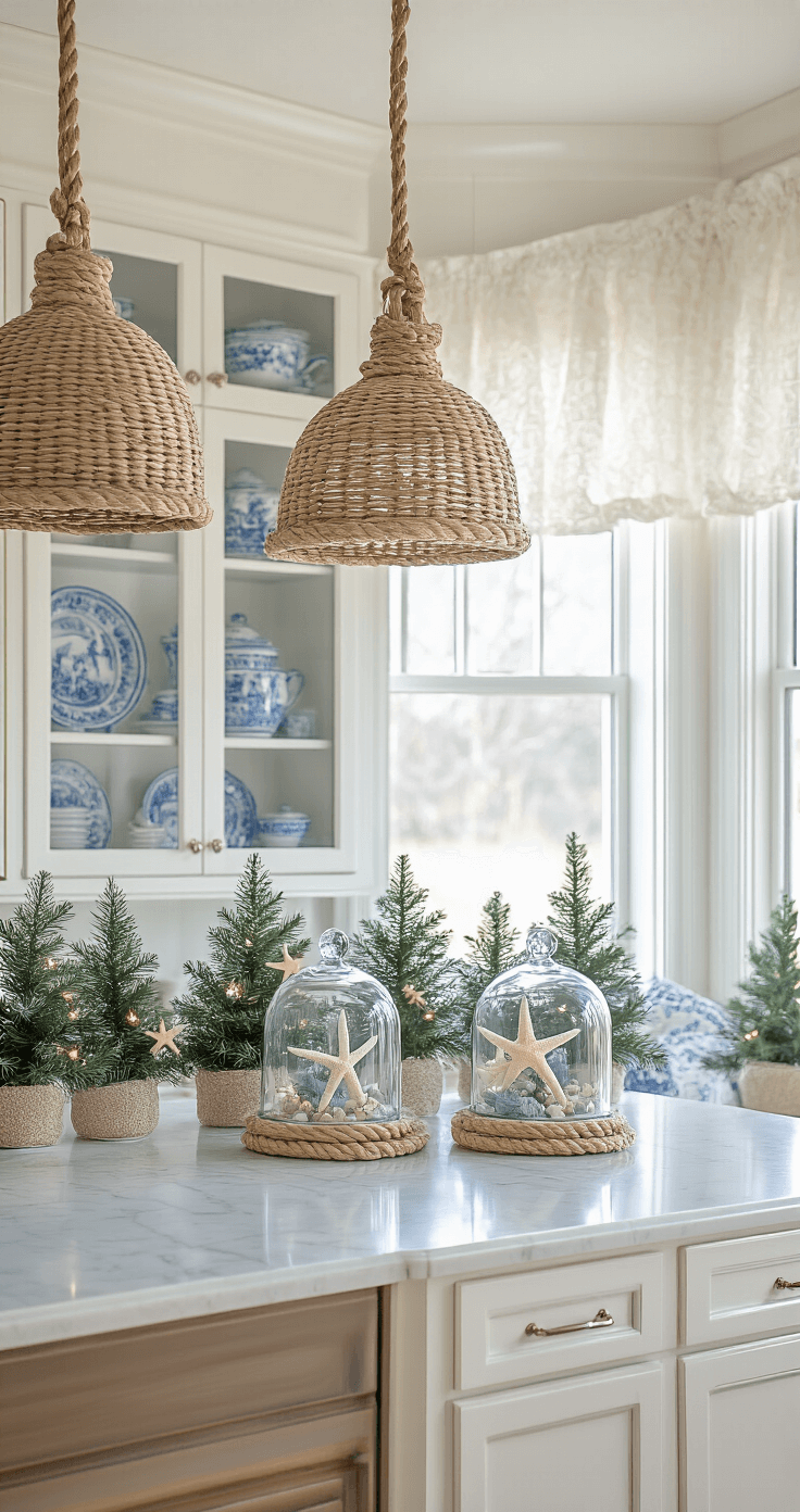Seas & Greetings: Crafting the Perfect Coastal Christmas Decor A cozy kitchen featuring white cabinets with glass fronts showcasing blue and white china, a marble-topped island adorned with glass cloches of coastal Christmas scenes, and rope-wrapped pendant lights above. Mini potted Norfolk pines with starfish ornaments line the window sill, all bathed in soft afternoon light filtering through café curtains.