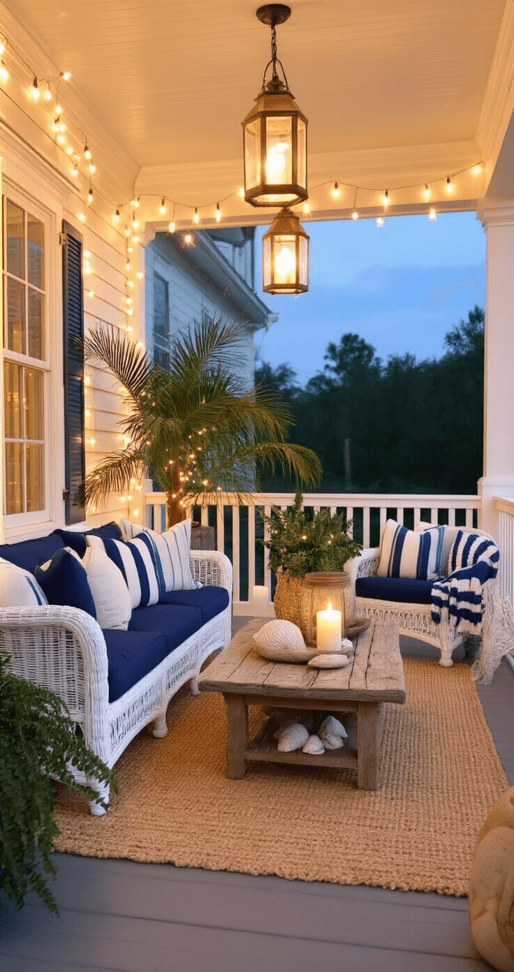 Seas & Greetings: Crafting the Perfect Coastal Christmas Decor A cozy covered porch at twilight, featuring white wicker furniture with navy cushions around a driftwood coffee table, potted palm trees wrapped in warm white lights, hanging lanterns with battery candles, scattered seashells, and a sisal rug defining the seating area, with blue and white striped throws for warmth, all illuminated by mixed twilight and warm artificial lighting.