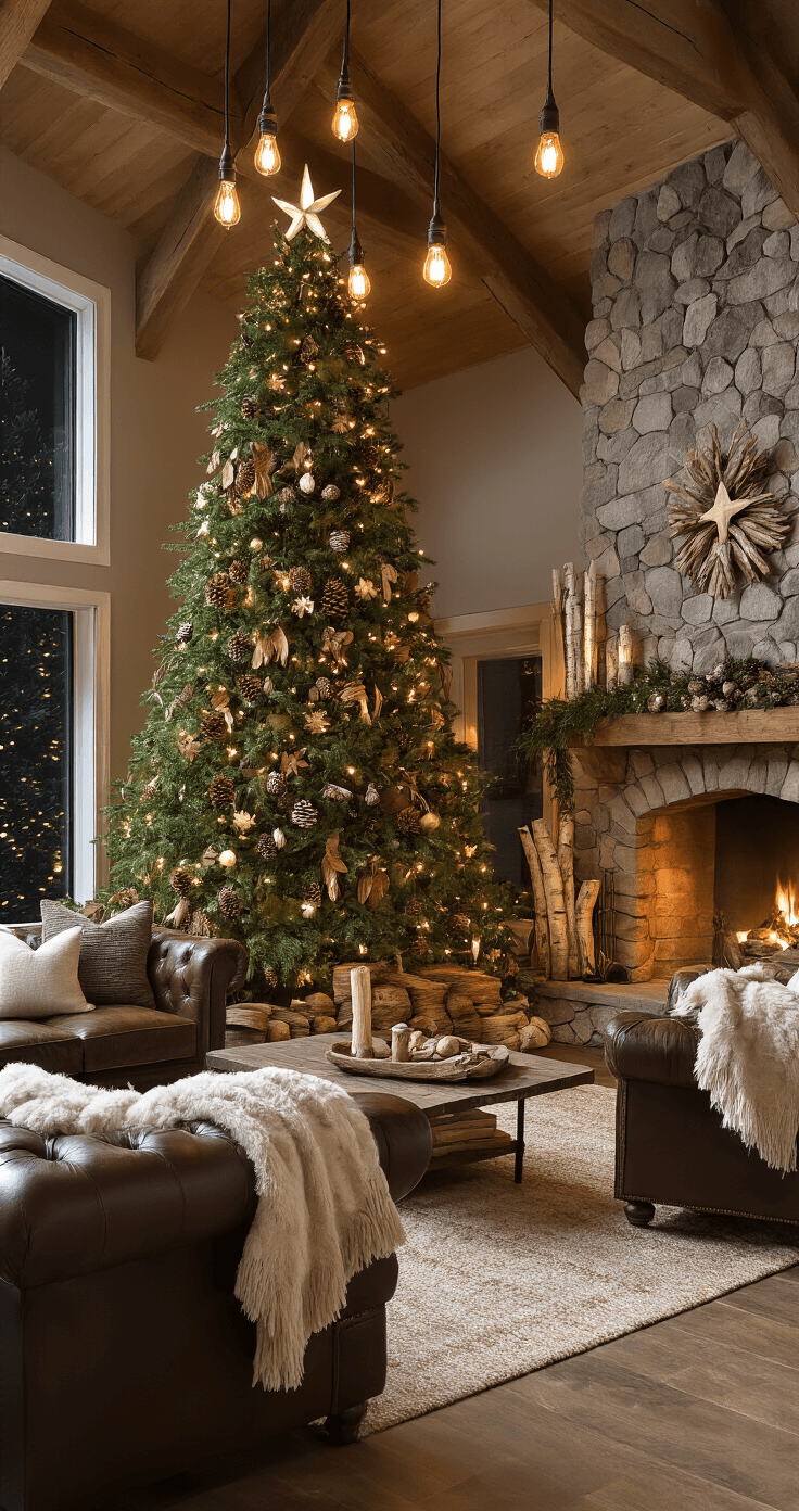 Dazzling Christmas Tree Decor Ideas for 2025: Transform Your Holiday Space A warmly lit family room with a cathedral ceiling, featuring a 10-foot Norway spruce adorned with pine cones, wooden ornaments, and birch bark stars. The earthy color palette includes moss green, bark brown, and mushroom grey, complemented by a leather Chesterfield sofa and wool throws. A stone fireplace serves as a dramatic backdrop, while warm Edison bulbs cast an amber glow, enhancing the Woodland Wonderland theme. The shot is taken from a slightly elevated angle, showcasing the room's height and organic elements.
