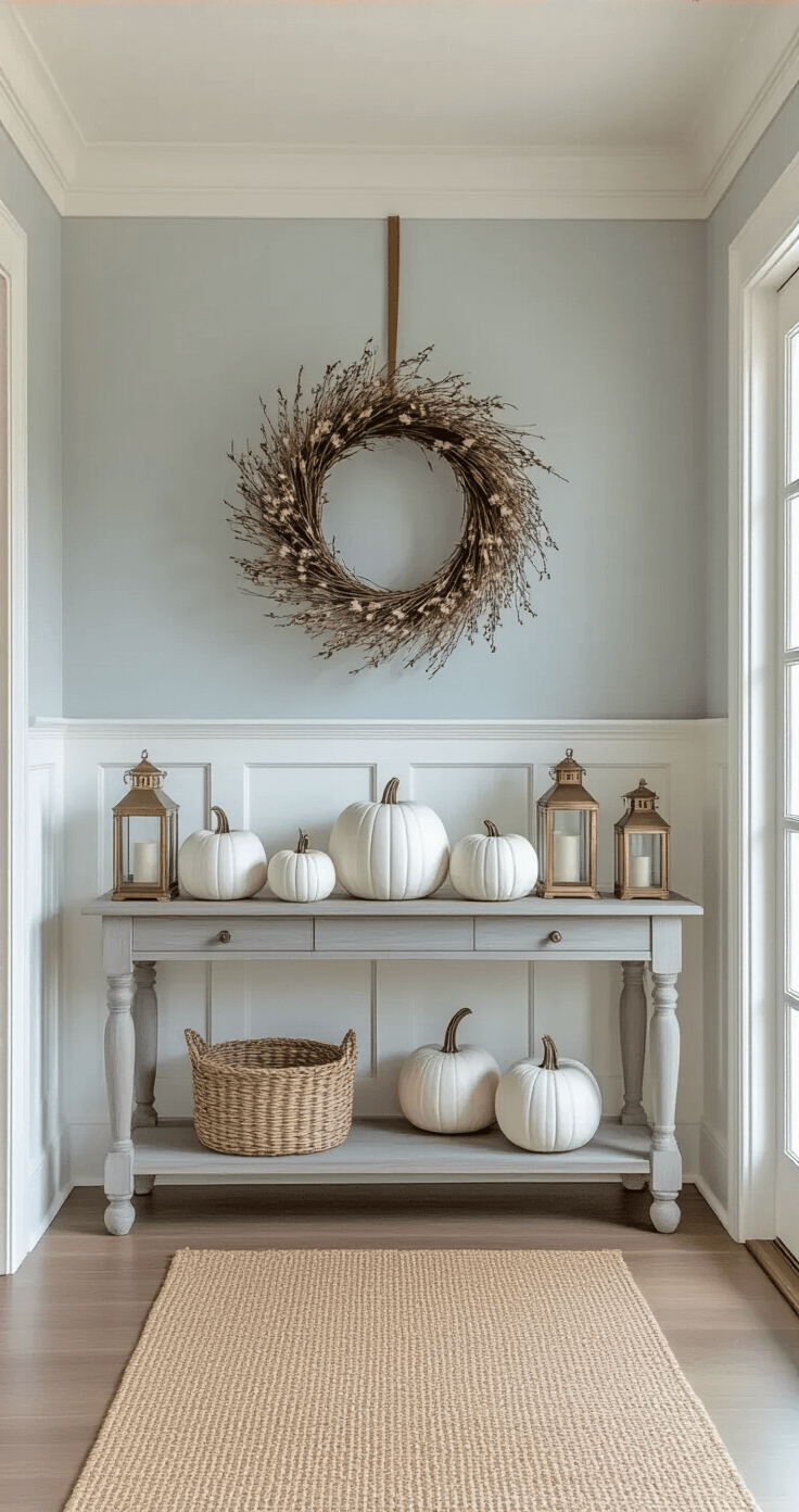 Coastal Fall Decor: Transform Your Space with Soft, Seaside Autumn Vibes Airy entryway with chalk white wainscoting, morning light filtering through a frosted transom window, featuring a weathered gray driftwood console adorned with white ceramic pumpkins and brass lanterns, and a driftwood wreath on pale blue-gray walls, with a seagrass runner leading to deeper rooms.