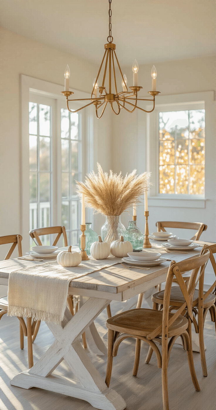 Coastal Fall Decor: Transform Your Space with Soft, Seaside Autumn Vibes Intimate dining space with a whitewashed trestle table, modern brass chandelier, and natural linen runner adorned with sea glass vessels and dried coastal grasses, featuring white ceramic pumpkins and brass candlesticks, captured from a low angle during golden hour.