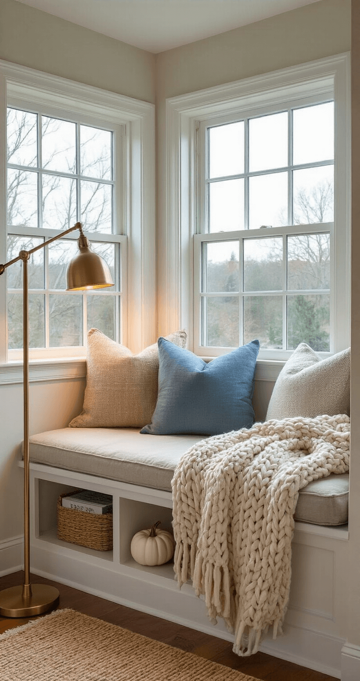 Coastal Fall Decor: Transform Your Space with Soft, Seaside Autumn Vibes Cozy reading nook in a bay window at dusk, featuring a cushioned window seat with muted pillows, a brass floor lamp, a chunky knit throw, and shelves with coastal decorations and ceramic pumpkins.