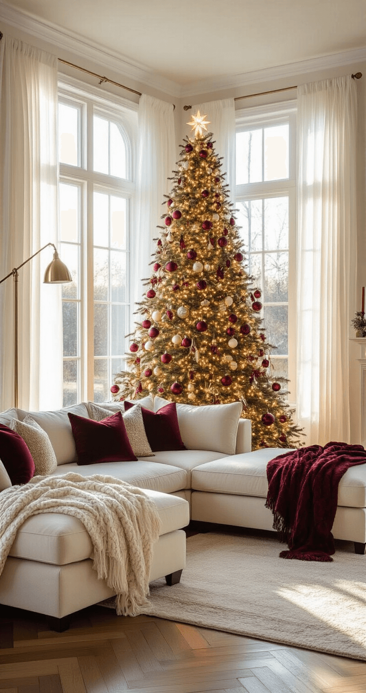 Magical Christmas Living Room Decor: Your Ultimate Guide to Festive Home Styling A spacious living room with a 9ft pre-lit Christmas tree decorated with vintage burgundy and gold ornaments in a bay window, sunlight filtering through sheer curtains, highlighting a cream sectional with velvet throws and metallic pillows, and warm herringbone hardwood floors.