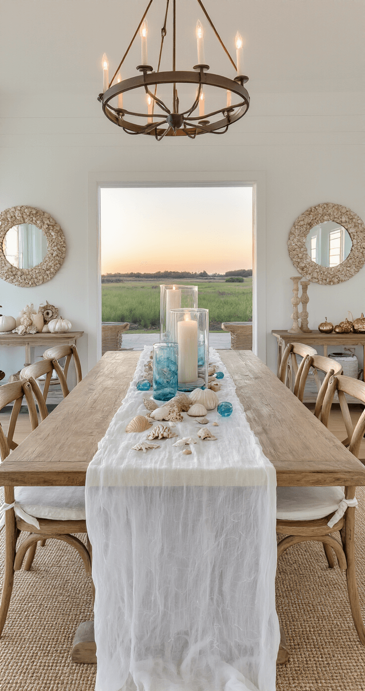 Coastal Thanksgiving Decor: Bringing Beach Vibes to Your Harvest Celebration Expansive great room dining area at sunset featuring a farmhouse table with a white gauze runner, rustic wooden chairs, and a dramatic centerpiece of hurricane vases, shells, and decorative pumpkins, all set against shell-encrusted mirrors reflecting warm lighting.