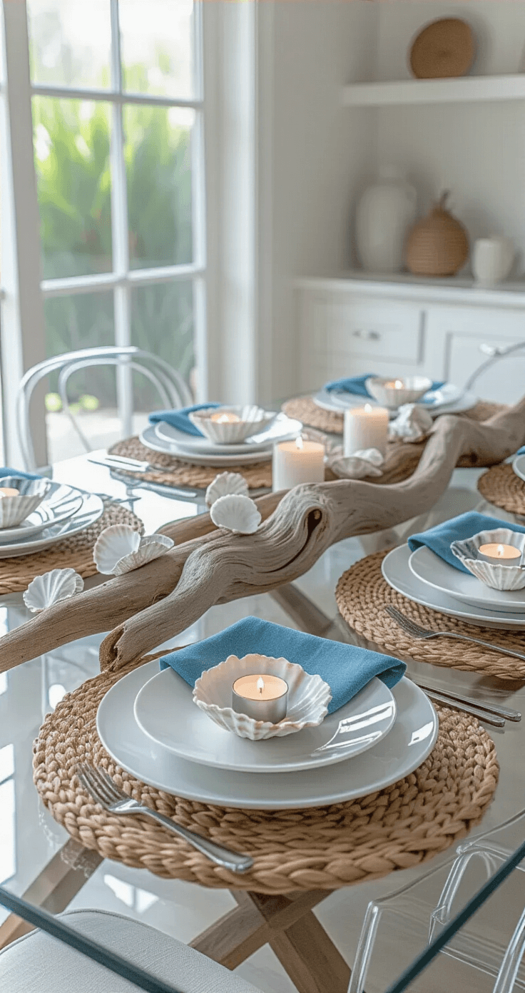 Coastal Thanksgiving Decor: Bringing Beach Vibes to Your Harvest Celebration A minimalist dining space featuring a glass table adorned with a central driftwood branch and white-painted oyster shells holding tealights, surrounded by contemporary white plates, handwoven water hyacinth chargers, and indigo linen napkins, with ghost chairs, all captured in diffused afternoon light.