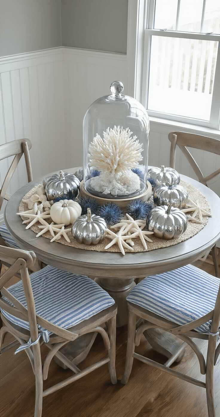 Coastal Thanksgiving Decor: Bringing Beach Vibes to Your Harvest Celebration A cozy 10x12ft dining room with wainscoting, featuring a round pedestal table adorned with concentric decor rings of mercury glass pumpkins, bleached starfish, and blue thistle, topped with a glass cloche containing a white coral specimen. Weathered wooden chairs with blue striped cushions enhance the coastal aesthetic, all bathed in late afternoon glow.