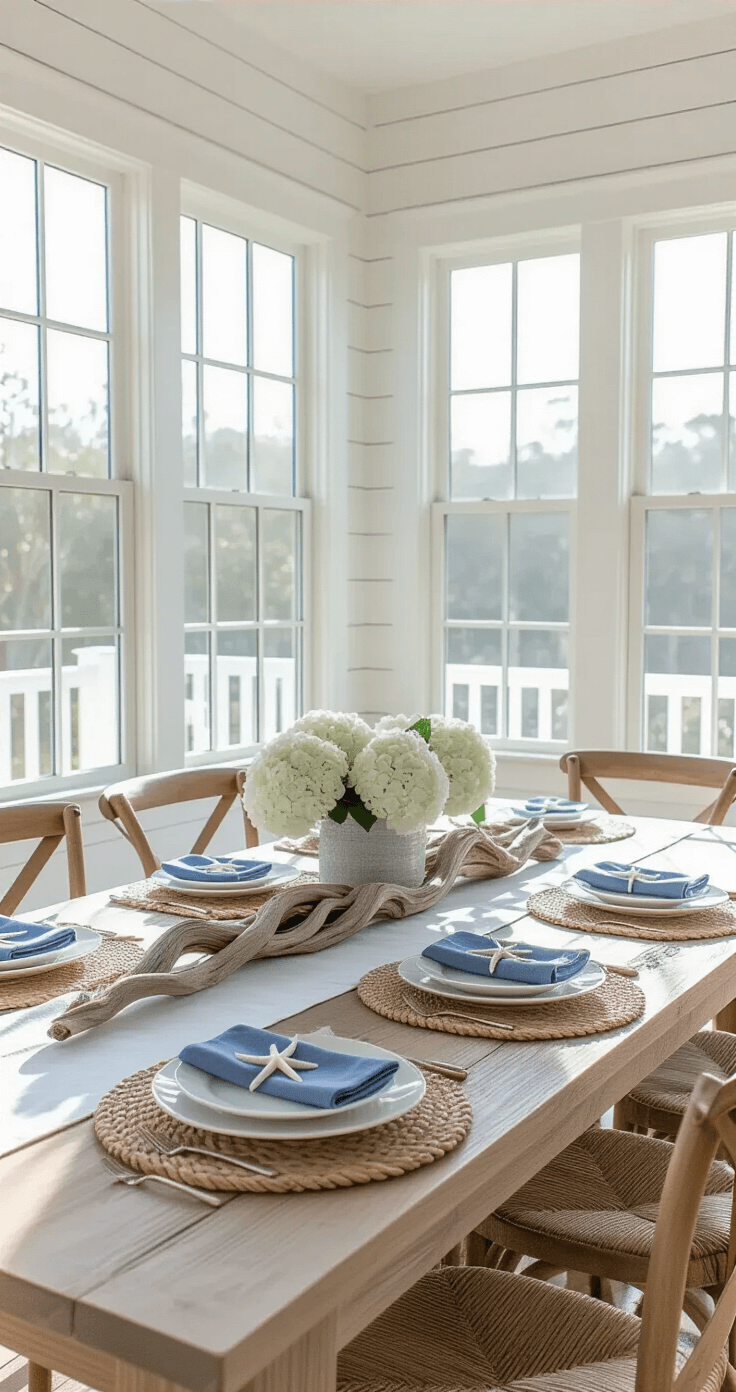 Seas & Greetings: Crafting the Perfect Coastal Christmas Table Setting A bright dining room with floor-to-ceiling windows, featuring a weathered oak dining table set with seagrass placemats, white ceramic plates, and chambray blue napkins. The centerpiece includes twisted driftwood, white hydrangeas, and sea glass. The room's whitewashed shiplap walls and morning light create a coastal atmosphere, with soft shadows highlighting the table's length. Key colors are cloud white, driftwood grey, sea glass blue, and sand beige.