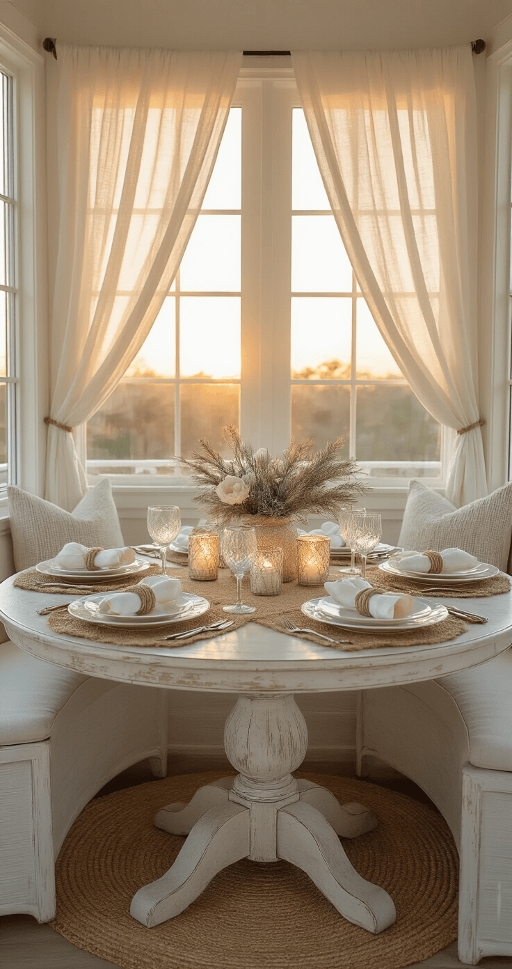 Seas & Greetings: Crafting the Perfect Coastal Christmas Table Setting Intimate dining nook bathed in golden hour light, featuring a round pedestal table with a coastal finish, adorned with mother-of-pearl chargers, white plates, and twisted rope napkin rings. Mercury glass hurricanes with candles and decorative oyster shells complement the scene, captured at eye level through sheer linen curtains, highlighting textures of pearl, glass, rope, and shell in a soft, warm palette.