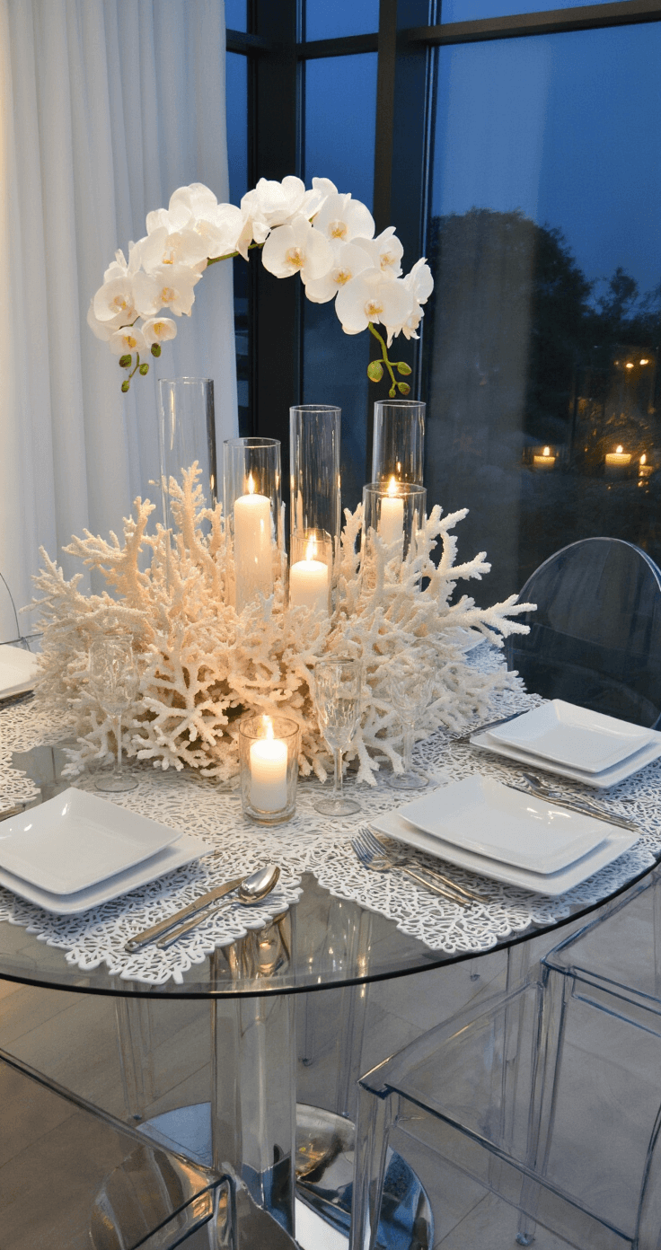 Seas & Greetings: Crafting the Perfect Coastal Christmas Table Setting Modern coastal dining space at dusk featuring a glass-top table with chrome base, white-on-white textures, a dramatic centerpiece of bleached coral and white orchids, and ghost chairs, captured from a corner angle with reflections and warm candlelight.