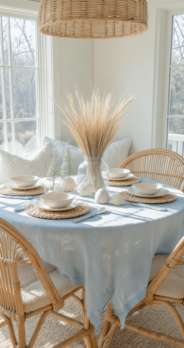 Seas & Greetings: Crafting the Perfect Coastal Christmas Table Setting A cozy 10x10ft breakfast room bathed in soft morning light, featuring a round rattan table with pale blue linen and whitewashed wooden chargers, adorned with cream pottery. The centerpiece includes beach grass in clear glass vessels, surrounded by scattered sand dollars and frosted white bottle brush trees, highlighting organic textures in coastal blue and warm white.
