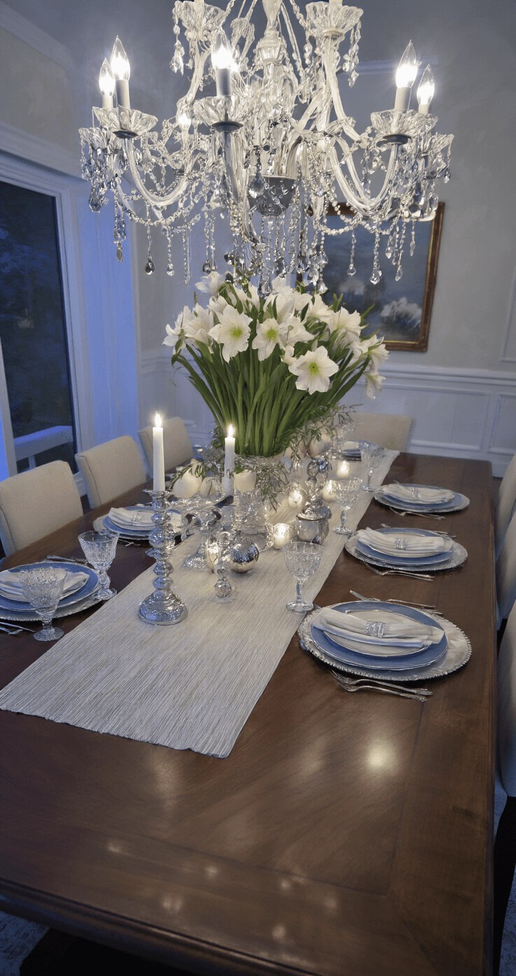 Seas & Greetings: Crafting the Perfect Coastal Christmas Table Setting A formal dining room at twilight featuring a large mahogany table with a coastal whitewash finish, adorned with a silver-threaded runner and mother-of-pearl placemats, vintage silver place settings, crystal stemware, and blue-rimmed china. A cascading centerpiece includes white amaryllis, silver-sprayed driftwood, and mercury glass ornaments, with a dramatic high-angle shot and chandelier bokeh in the background. Colors include pearl white, platinum, deep sea blue, and silver.