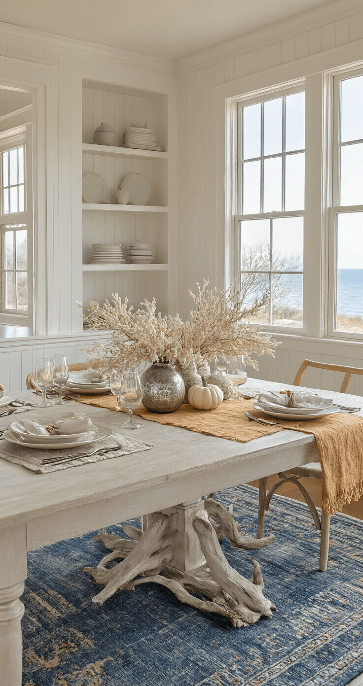 Coastal Fall Decor: Transform Your Space with Beachy Autumn Vibes A cozy dining room with wainscoting and built-in shelving, featuring a whitewashed farmhouse table on a vintage indigo rug, styled with driftwood chargers, amber linen runners, and a centerpiece of bleached coral, mini white pumpkins, and sea grass in mercury glass vases, illuminated by soft late afternoon light.