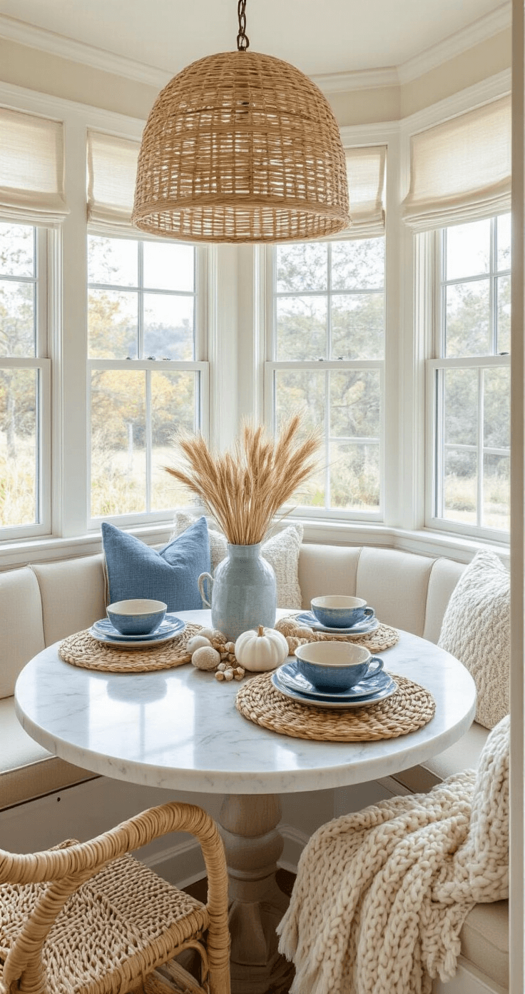 Coastal Fall Decor: Transform Your Space with Beachy Autumn Vibes Coastal kitchen nook with bay window, featuring a breakfast banquette in cream fabric, rattan pendant lamp above a marble table set with blue ceramics and a rustic arrangement of dried wheat and shells, all bathed in morning light.