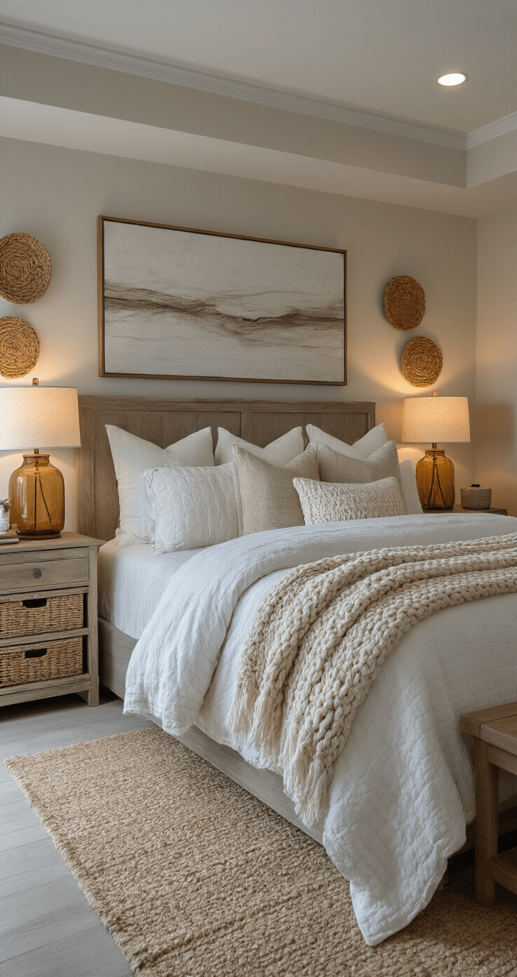 Coastal Fall Decor: Transform Your Space with Beachy Autumn Vibes A cozy master bedroom featuring a king bed with layered white and sandy neutral bedding, surrounded by ambient dusk lighting from amber glass lamps, coastal-themed pillows, and driftwood artwork above the headboard. Woven wall baskets add texture, captured from a low angle to emphasize the styling.