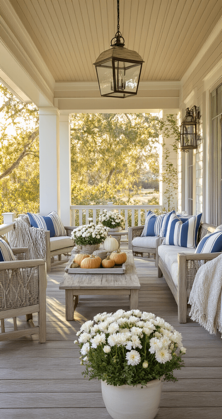 Coastal Fall Decor: Transform Your Space with Beachy Autumn Vibes Covered porch featuring a beadboard ceiling, adorned with weathered teak furniture in coastal blues, styled with textured throws and maritime striped pillows, illuminated by late afternoon golden light. The scene includes driftwood-wrapped lanterns, white mums in ceramic planters, and a coastal pumpkin display, emphasizing the seamless indoor-outdoor flow.