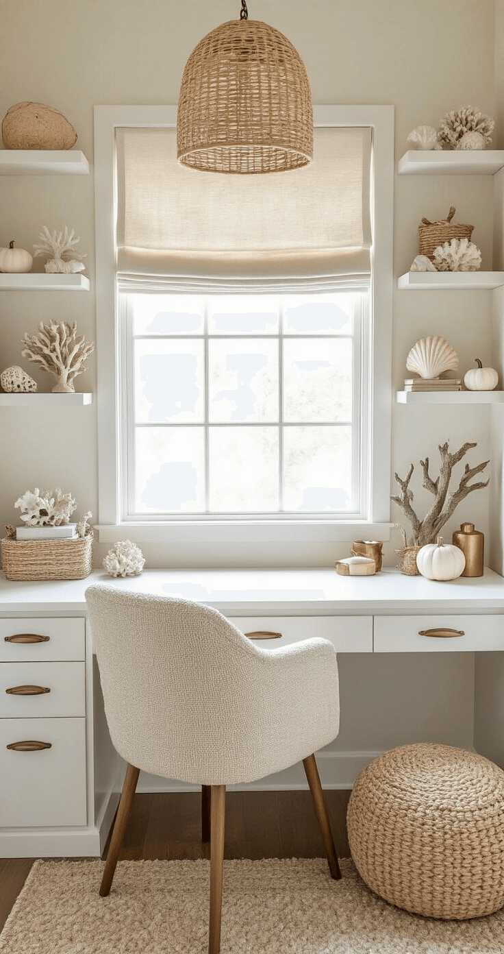 Coastal Fall Decor: Transform Your Space with Beachy Autumn Vibes A cozy home office nook featuring a built-in desk bathed in soft morning light, adorned with floating shelves displaying coastal decor, small white pumpkins, and brass objects. A boucle desk chair complements a jute pouf, with a woven pendant light above, creating an inviting and styled workspace.