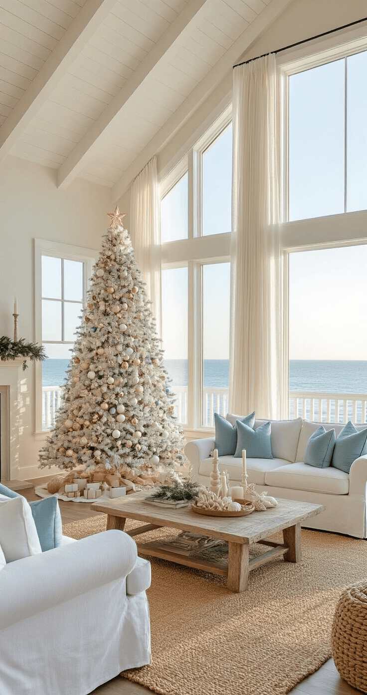 Coastal Christmas Magic: Transforming Your Home into a Modern Seaside Holiday Haven A spacious coastal living room decorated for Christmas, featuring a large white flocked tree, spacious ocean-facing windows, and soft natural lighting with warm LED accents.