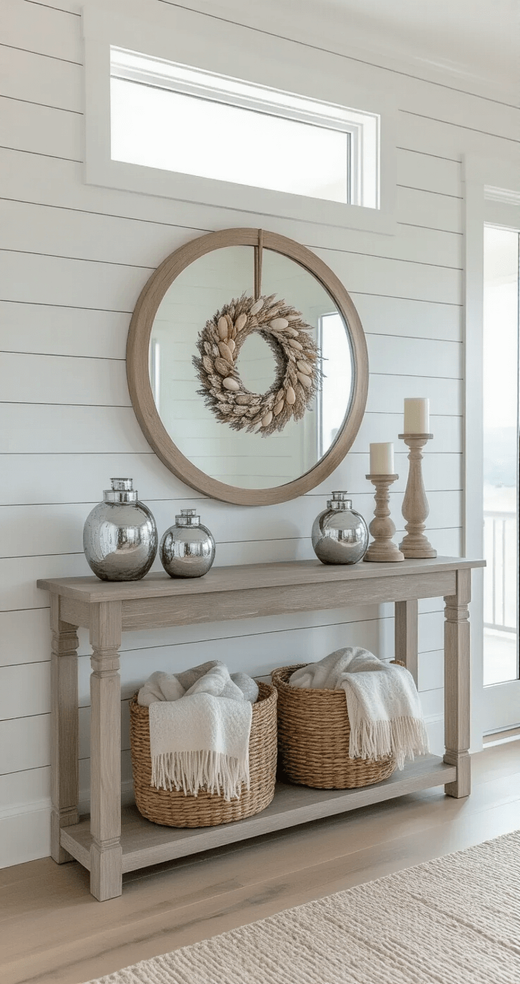 Coastal Christmas Magic: Transforming Your Home into a Modern Seaside Holiday Haven Bright coastal entry foyer featuring white shiplap walls and bleached oak flooring, illuminated by morning light through a transom window. A contemporary weathered gray console table displays mercury glass hurricanes with white candles, beneath an oversized round mirror framed in whitewashed wood that reflects a driftwood and shell wreath. A woven basket with cozy throws is positioned below, captured from a slightly elevated angle.