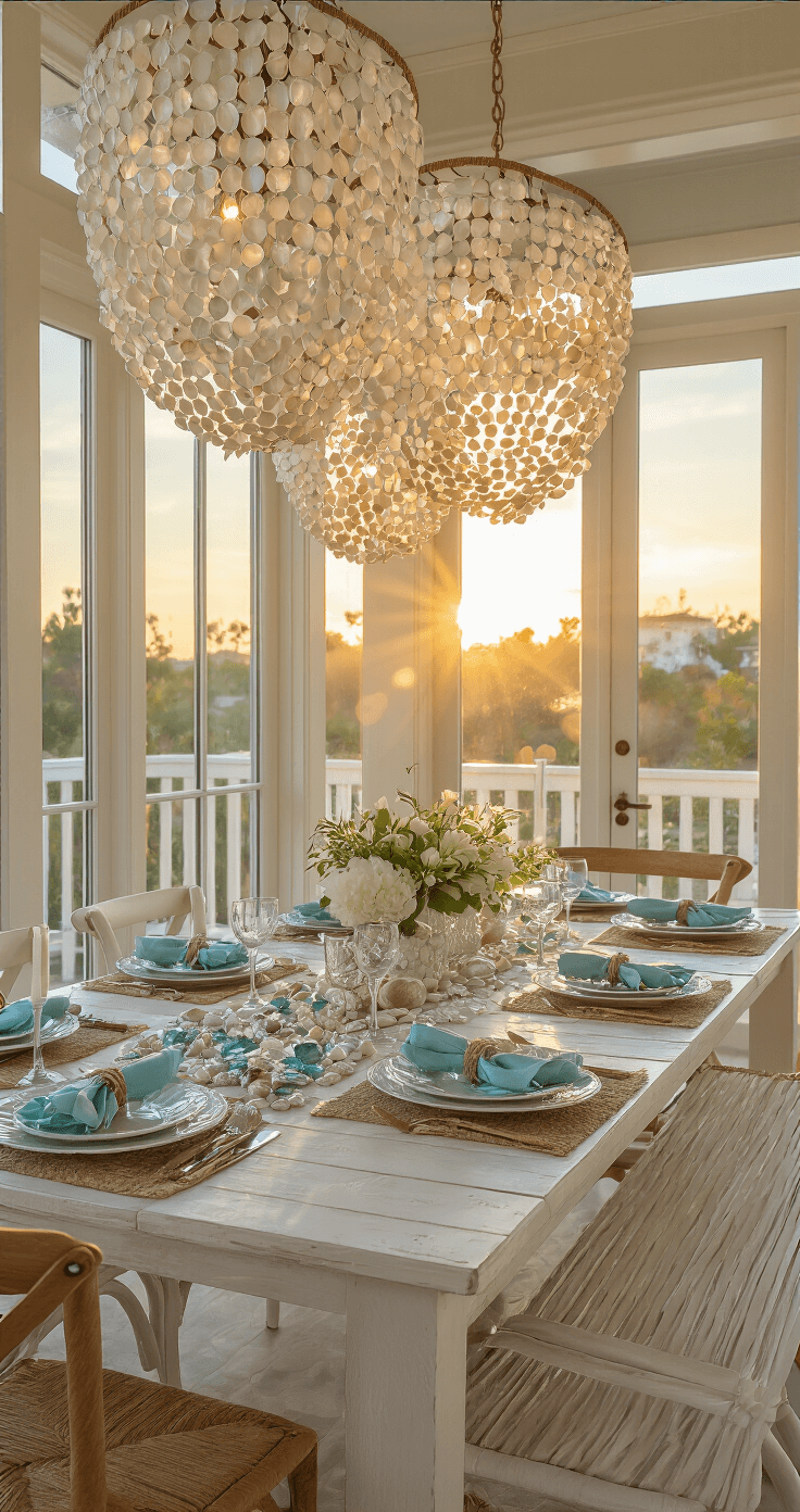 Coastal Christmas Magic: Transforming Your Home into a Modern Seaside Holiday Haven Intimate seaside dining setting with a whitewashed trestle table adorned with metallic shells and sea glass, under golden hour lighting. Place settings feature mother-of-pearl chargers and aqua linens, with a capiz shell chandelier casting light patterns, viewed from table height.