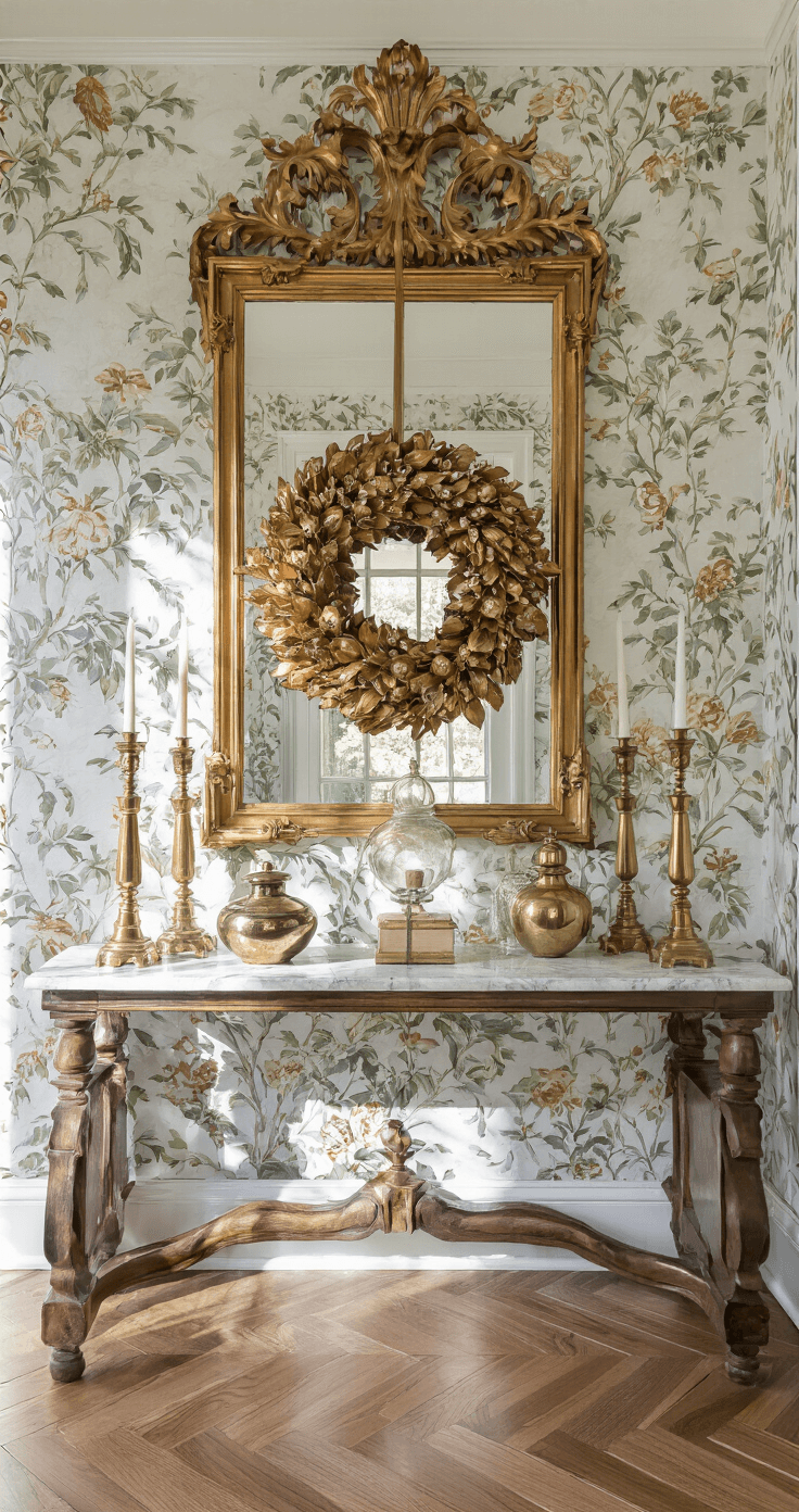 Christmas 2025 Decor: Old World Charm Meets Modern Elegance A bright entry foyer featuring dramatic floral wallpaper, an ornate gilded mirror reflecting a vintage wreath, a marble console table with brass candlesticks and mercury glass vessels, and herringbone wood floors, all captured from a slightly elevated angle.