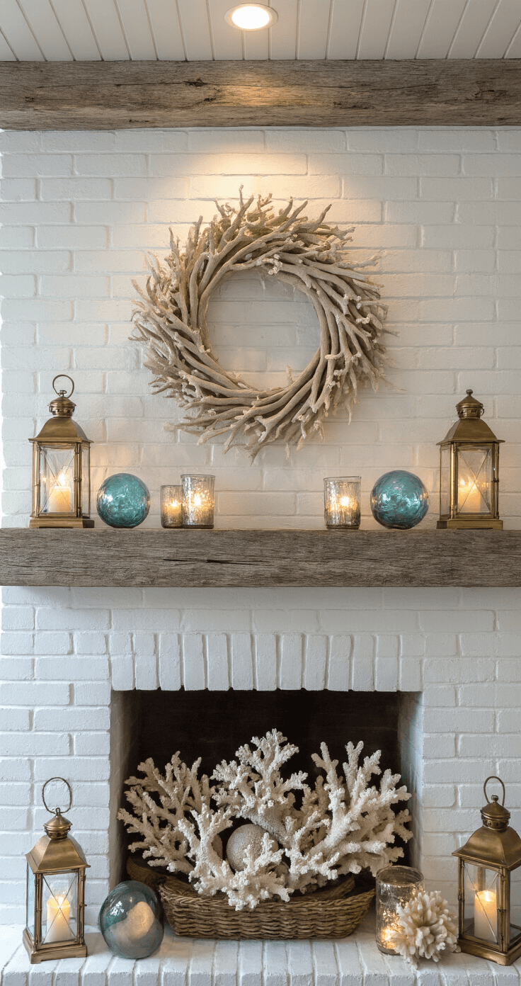 Coastal Christmas Magic: Transforming Your Home into a Modern Seaside Holiday Haven A classic fireplace wall featuring white painted brick and a weathered beam mantel, adorned with brass lanterns, mercury glass votives, a driftwood garland with warm white lights, vintage glass floats in blue and aqua, and an oversized coral piece as the focal point, all illuminated by soft natural light.