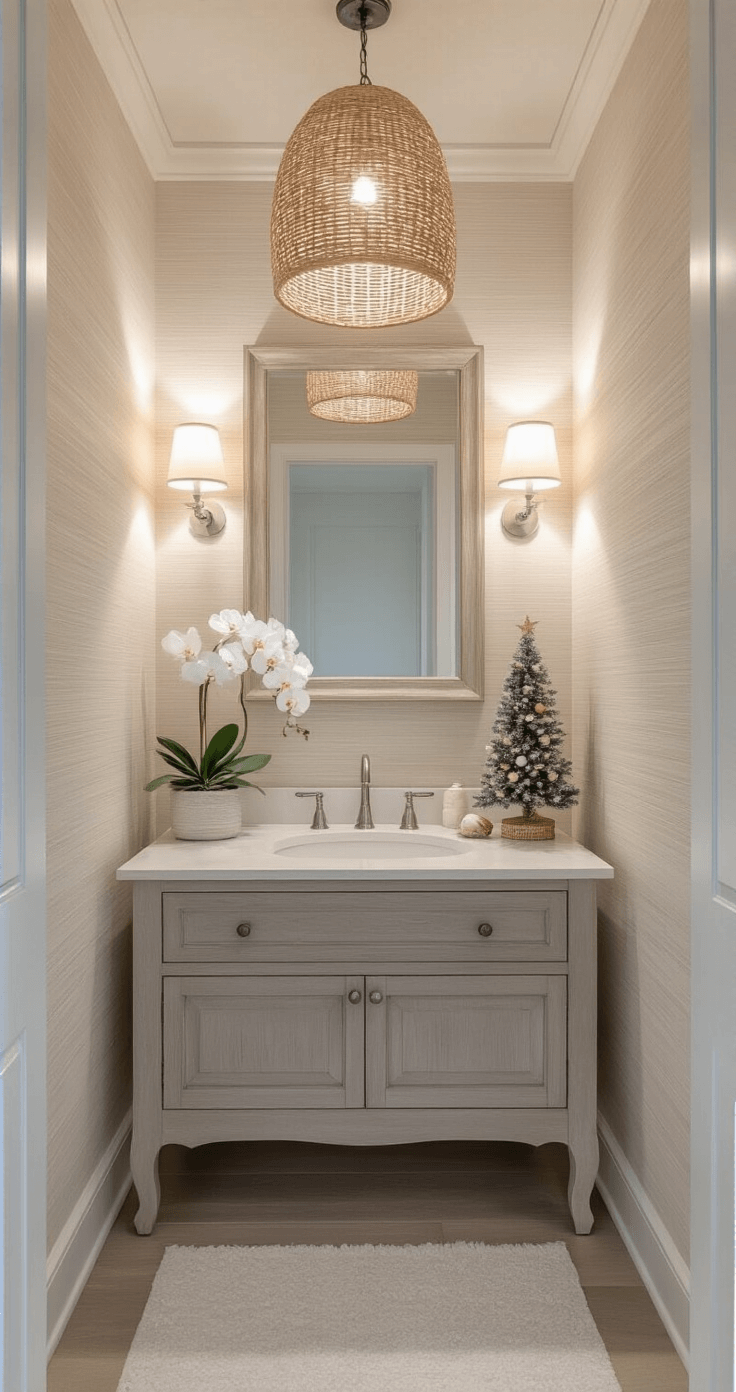Coastal Christmas Magic: Transforming Your Home into a Modern Seaside Holiday Haven A compact 6x8ft coastal powder room featuring pearl grasscloth wallpaper, a driftwood gray floating vanity with a mother-of-pearl framed mirror, and ambient vanity lighting. Decorative elements include a white orchid and a small coastal Christmas tree adorned with tiny shell ornaments, while a woven pendant light casts patterned shadows. The image is captured from the doorway, showcasing the full room depth.